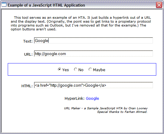 Screen shot of sample HTA application